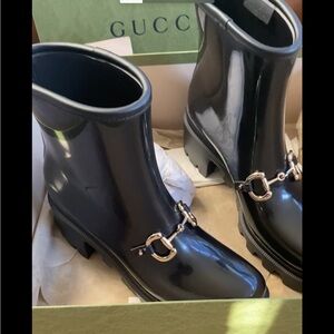 Gucci Glossy Black Ankle Boots with Silver Hardware